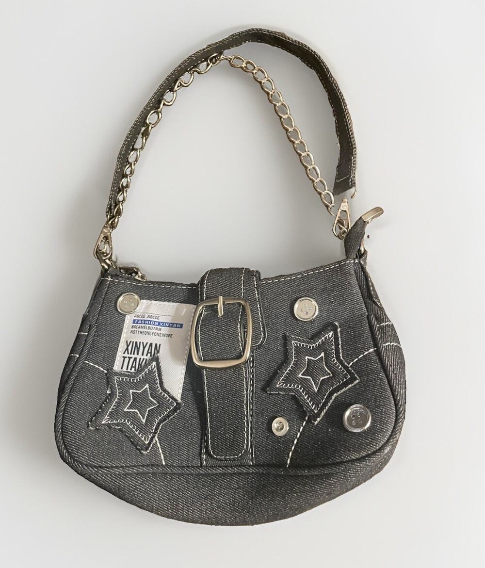 Y2K Denim Star Shoulder Bag Black Grunge Aesthetic Buckle Baguette Handbag NWOT